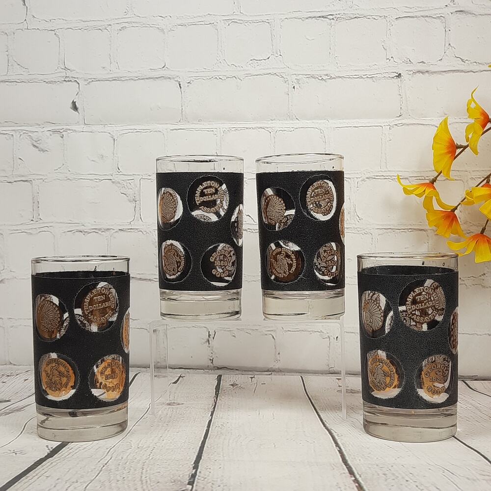 LIBBEY Coin Textured Highball Glasses Black & Gold Vintage Set of 4 Tumblers